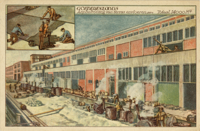 603214 Afbeelding van het asfalteren van het terras en vloeren van een goederenloods, een product van de N.V. ...